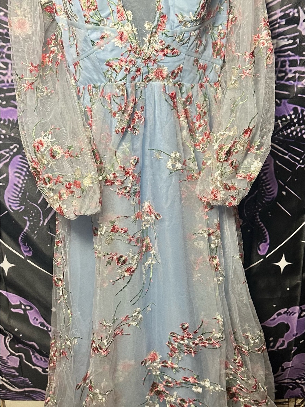 Light Blue Floral Embroidered Women's Dress